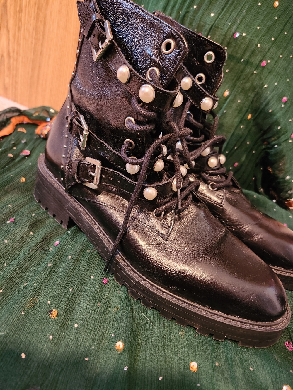 Zara Black Pearl-Embellished Combat Boots with Buckles